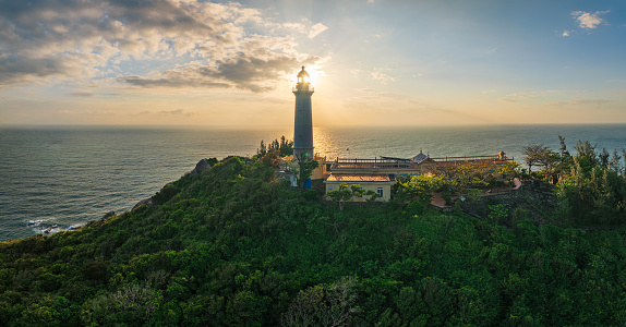 Aerial view of Olinda Lighthouse and Church of Our Lady of Grace, Catholic Church built in 1551, surounded by palms, Olinda, Pernambuco, Brazil