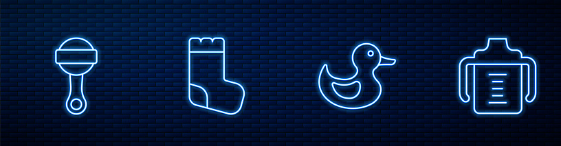Set line Rubber duck Rattle baby toy Baby socks and bottle. Glowing neon icon on brick wall. Vector.