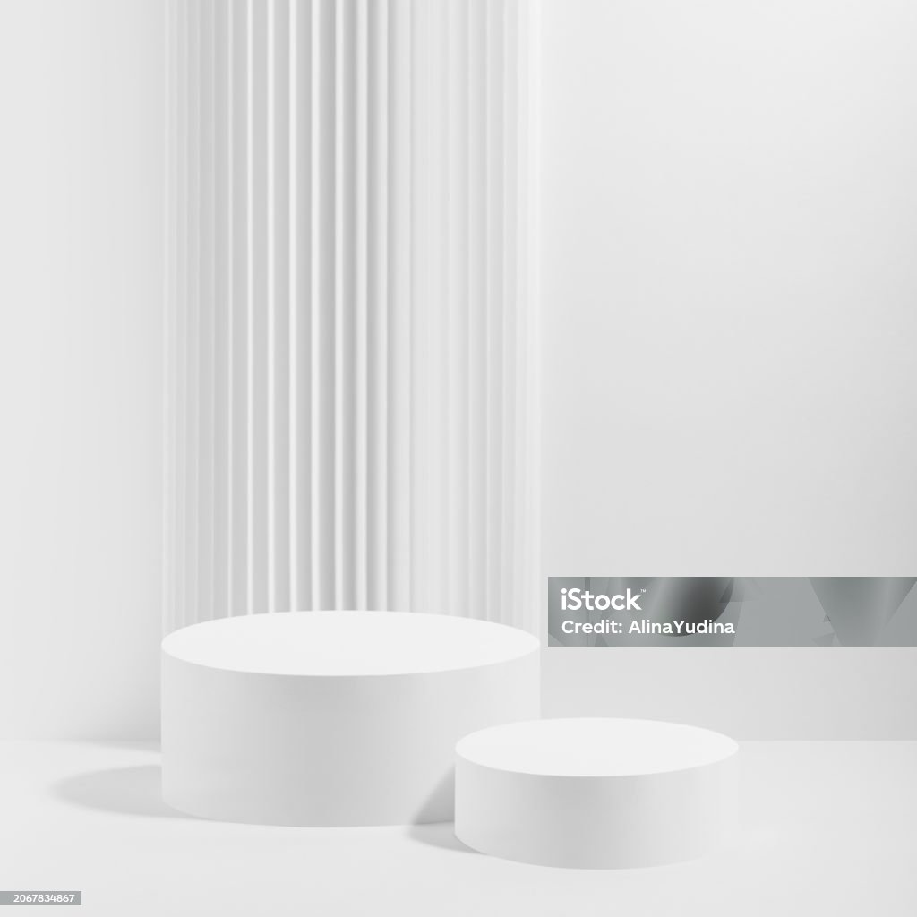 Two Column Podium Two White Round Podiums With Striped Column As Geometric Decor Set ...