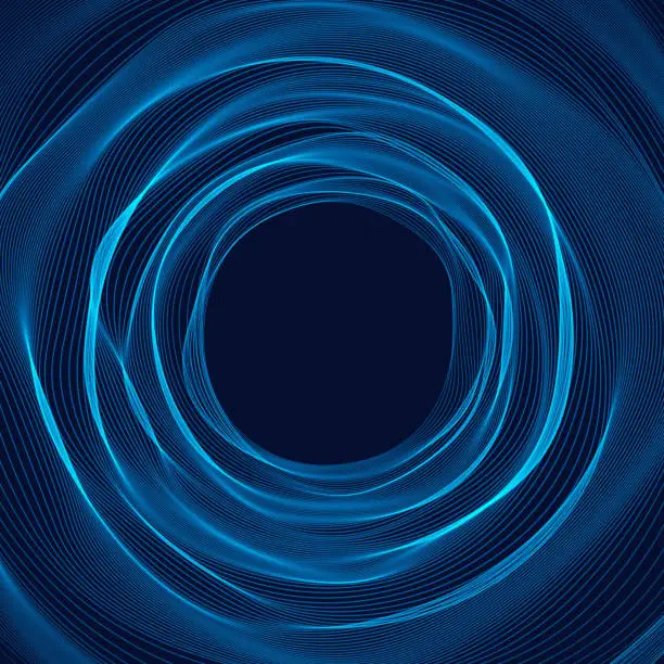 Vector illustration of Blue concentric circular lines on a dark background.