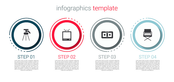 Set Tripod, Retro tv, VHS video cassette tape and Director movie chair. Business infographic template. Vector.