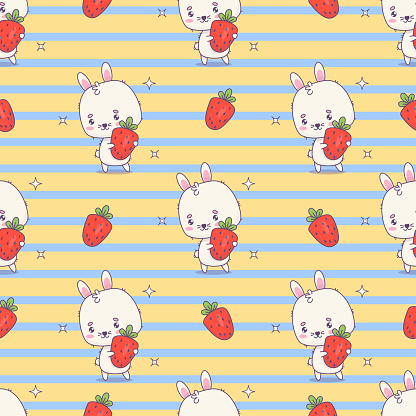 Seamless pattern with bunny with strawberries on striped yellow blue background. Cute kawaii animal character. Vector illustration. Kids collection.