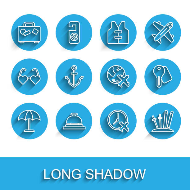 set linie sonnenschutzschirm, hotelserviceglocke, koffer, uhr mit flugzeug, ski und stöcken, anker, türschlüssel und globus-flugsymbol. vektor - service bell suitcase hotel luggage stock-grafiken, -clipart, -cartoons und -symbole