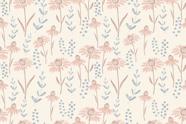 pink flower pattern seamless background border frame. vector illustration hand drawn peach pink coneflower floral with branches leaves. - peach dark peaches backgrounds stock-grafiken, -clipart, -cartoons und -symbole