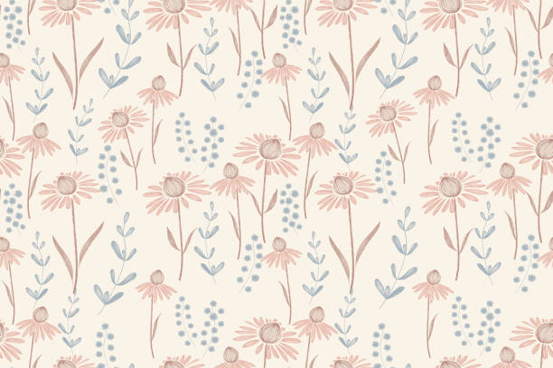 illustrazioni stock, clip art, cartoni animati e icone di tendenza di pink flower pattern seamless background border frame. vector illustration hand drawn peach pink coneflower floral with branches leaves. - rose flower pink honeysuckle pink