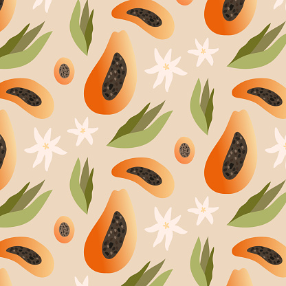 Tropical seamless pattern with colorful exotic half papaya fruit, leaves and flowers on background. Organic summer pattern. Trendy vector illustration