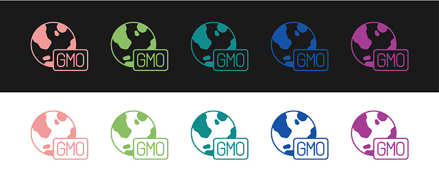 Set GMO icon isolated on black and white background. Genetically modified organism acronym. Dna food modification. Vector.