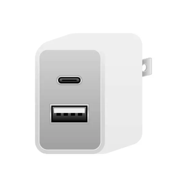 Vector illustration of White USB charger with 1 port for USB Type-C and 1 port for USB Type-A 2.0.