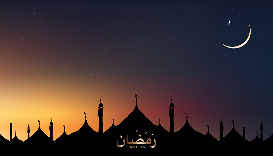 Ramadan calligraphy with Dome Mosques,Crescent moon on Dusk sky background,Vector Islamic,Muslims religion month of Generous Ramadan,New Moon,Prayer time.Eid Mubarak,Eid al Adha,Eid al Fitr