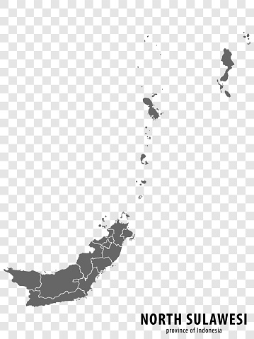 Blank map North Sulawesi province of Indonesia. High quality map North Sulawesi with municipalities on transparent background for your design. Republic of Indonesia.  EPS10.
