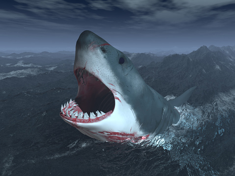 Computer generated 3D illustration with a great white shark in stormy sea at night