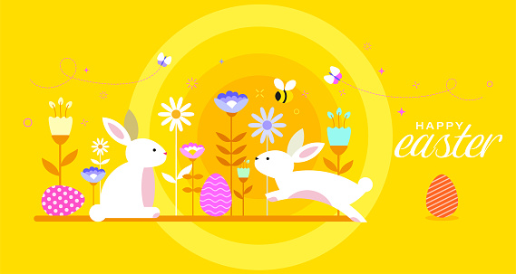 Easter bunny and easter eggs on a yellow background. Spring garden pattern with wildflowers, tulips and daisies