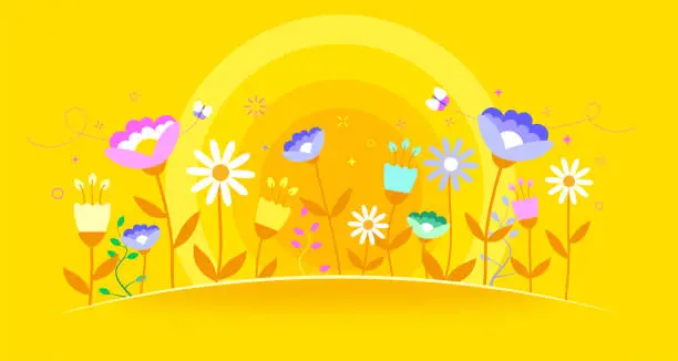 Vector illustration of Spring garden pattern with wildflowers, tulips and daisies