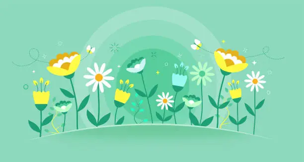 Vector illustration of Spring garden pattern with wildflowers, tulips and daisies