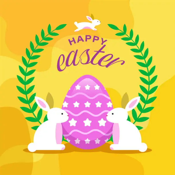 Vector illustration of Happy Easter Day card with rabbits, egg and laurel wreath