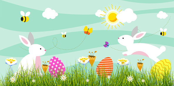 Easter bunny and easter eggs on a green background. Spring garden pattern with wildflowers, tulips and daisies