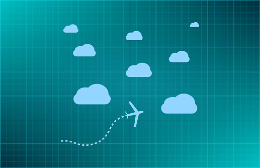 The plane is flying among the clouds. Vector image.