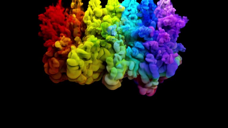 Rainbow colored inks falling in water 3d animation with alpha channel