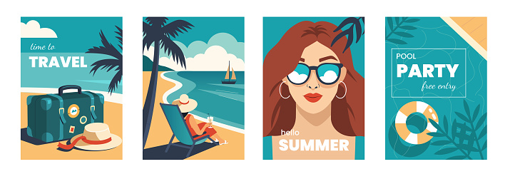 Summer holidays, travel and vacation concept set. Collections of retro style posters with woman relaxed at the beach, vintage suitcase luggage and swimming pool. Vector illustration.