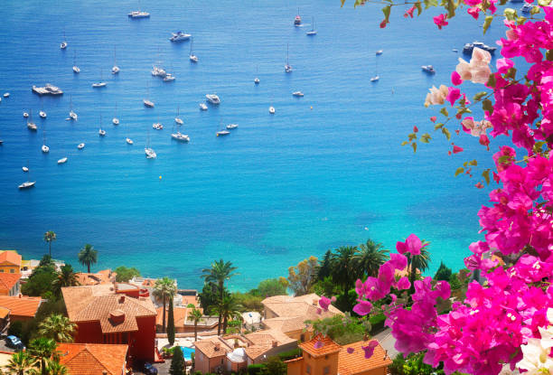 turquiose water of cote dAzur coast from above at summer day, France, toned