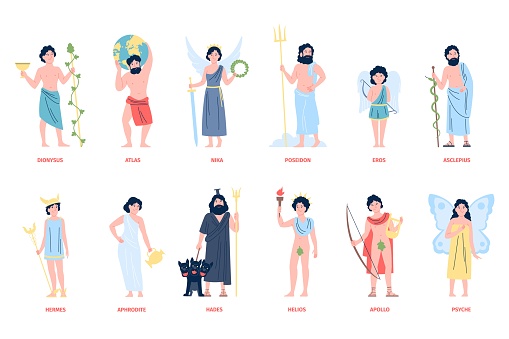 Greek olympian gods and goddess. Mythology of Greece cartoon characters. Cute Eros and Psyche, Aphrodite and Hermes. Myths heroes recent vector set of mythology greek goddess illustration