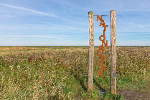 Sign at the border to Lower Saxon Wadden Sea National Park at Langwarder Groden, Lower Saxony