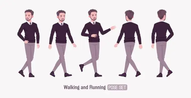 Vector illustration of Young businessman, cute handsome man, formal outfit set, walking pose