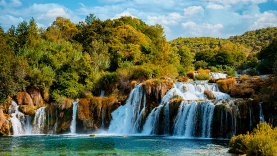 KRKA waterfalls Croatia during summer, krka national park Croatia on a bright summer evening in the park.