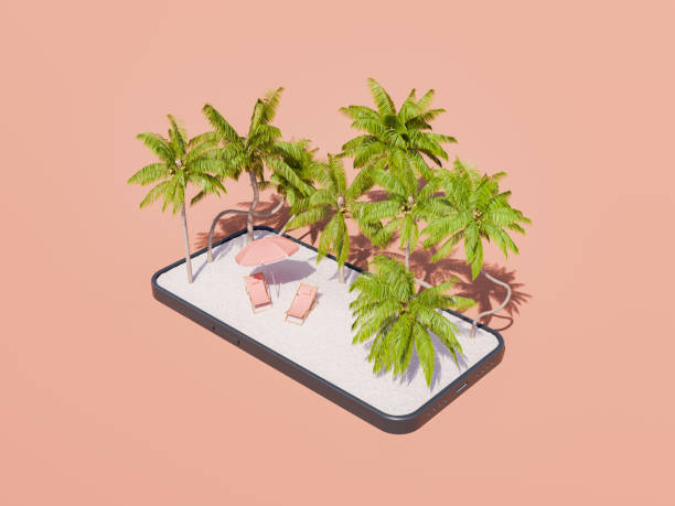 istock Tropical Beach Scene Emerging from Smartphone on Coral Background 2068047455
