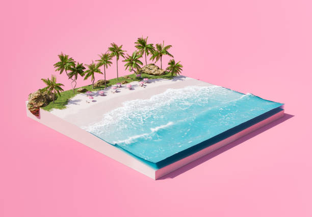 Isometric Tropical Beach and Ocean on Pink Background