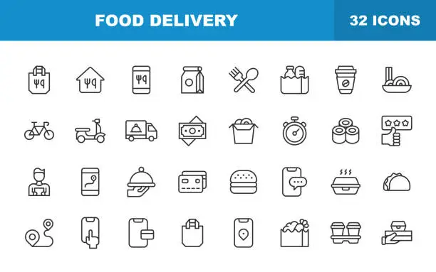 Vector illustration of Food Delivery Line Icons. Editable Stroke. Contains such icons as Take Out Food, Mobile App, Container, Location Tracking, Food Truck, Motor Scooter, Contactless Payments, Eating, Restaurant.
