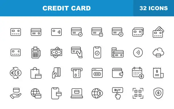 Vector illustration of Credit Card Line Icons. Editable Stroke. Contains such icons as Payments, Mobile, Money, Finance, Credit, Savings, Investment, Terminal, Mobile App, Banking, Currency, Purchase, E-Commerce.