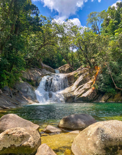 Fresh water cascades down a large beautiful waterfall into a crystal clear rocky pool below, surrounded by lush tropical rainforest.