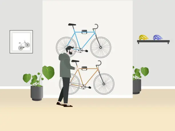 Vector illustration of Young Man has finished installing the bike racks and hung them up.
