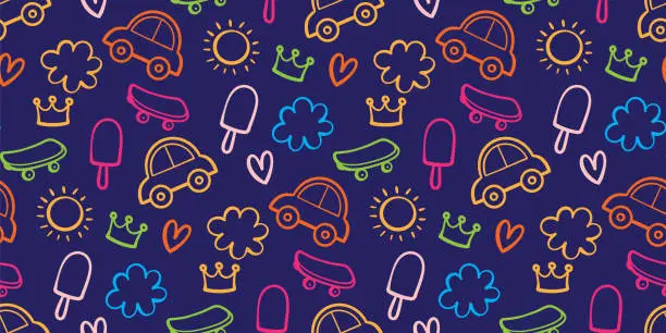 Vector illustration of Colorful kids related objects doodle seamless pattern