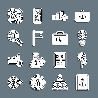 Set line Startup project concept Dollar plant Light bulb with dollar Financial growth Location marker Magnifying glass and analysis Human resources and Briefcase money icon. Vector.