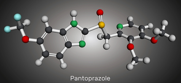 Pantoprazole molecule. It is proton pump inhibitor, gastric ulcer drug. Molecular model. 3D rendering. Illustration