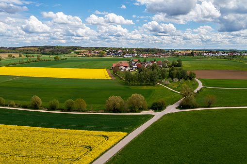 Beautiful aerial spring landscape with yellow and green agricultural fields, roads and a village.
