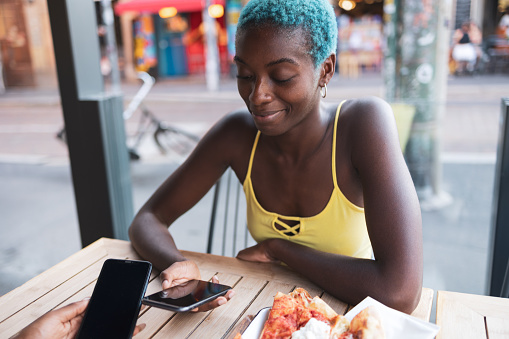 Overview of two friends sending via mobile phone to a digital wallet. They are eating pizza at the restaurant