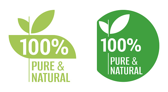 Pure and Natural, 100 percent organic product badge - catchy sticker for hundred percent healthy food, vegetarian nutrition in catchy geometric shape