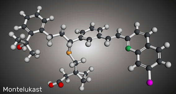 Montelukast drug molecule. It is used in the  treatment of asthma. Molecular model. 3D rendering. Illustration