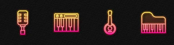 Vector illustration of Set line Banjo, Microphone, Music synthesizer and Grand piano. Glowing neon icon. Vector