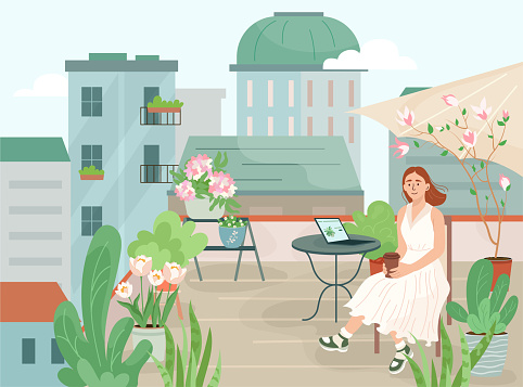 Smiling woman sitting on cozy balcony and drinking coffee surrounded by house plants. Happy person resting on green terrace. Female in spring rooftop interior. Flat vector illustration.