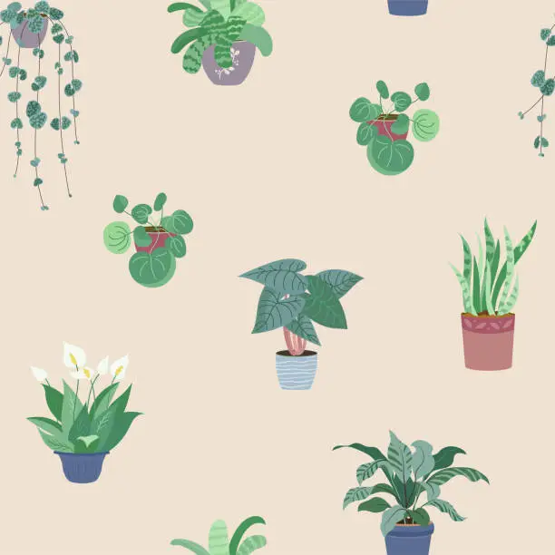 Vector illustration of Decorative home plants in pots seamless pattern. Texture of Green potted indoor houseplants in interior. Home jungle cartoon style print. Trendy vector background. Boho home plants design illustration