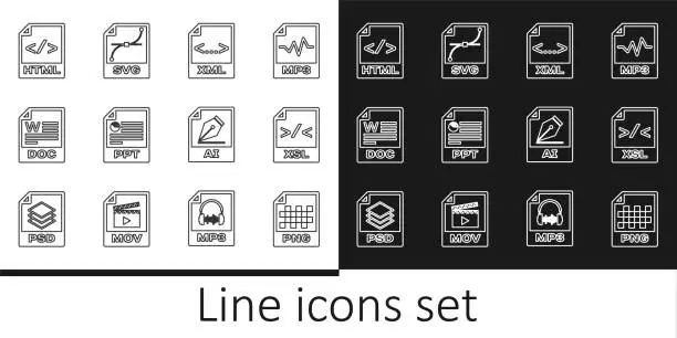 Vector illustration of Set line PNG file document, XSL, XML, PPT, DOC, HTML, AI and SVG icon. Vector