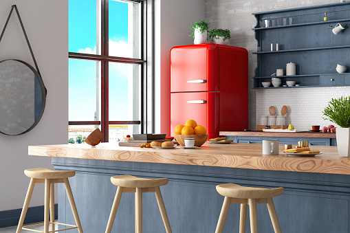 Loft Style Kitchen with a Counter Foods and Red Fridge. 3D Render