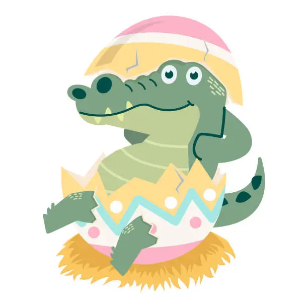 Vector illustration of Cute crocodile in eggshell easter
