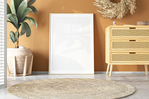 Empty Mockup Picture Frame in a Beige Cozy Living Room. 3D Render
