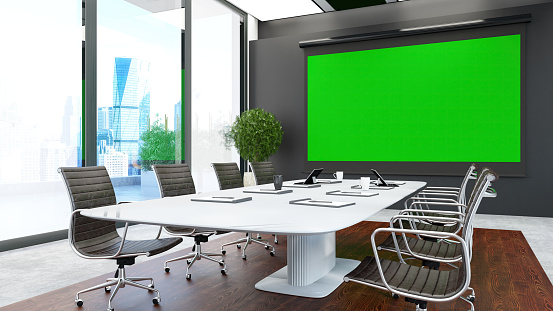 Corporate Boardroom with an Empty Mockup Green Projection Screen. 3D Render