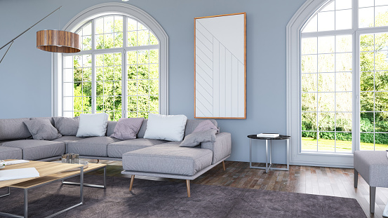 3d rendering,3d illustration, Interior Scene and  Mockup,The living room is covered in white and light gray tones.